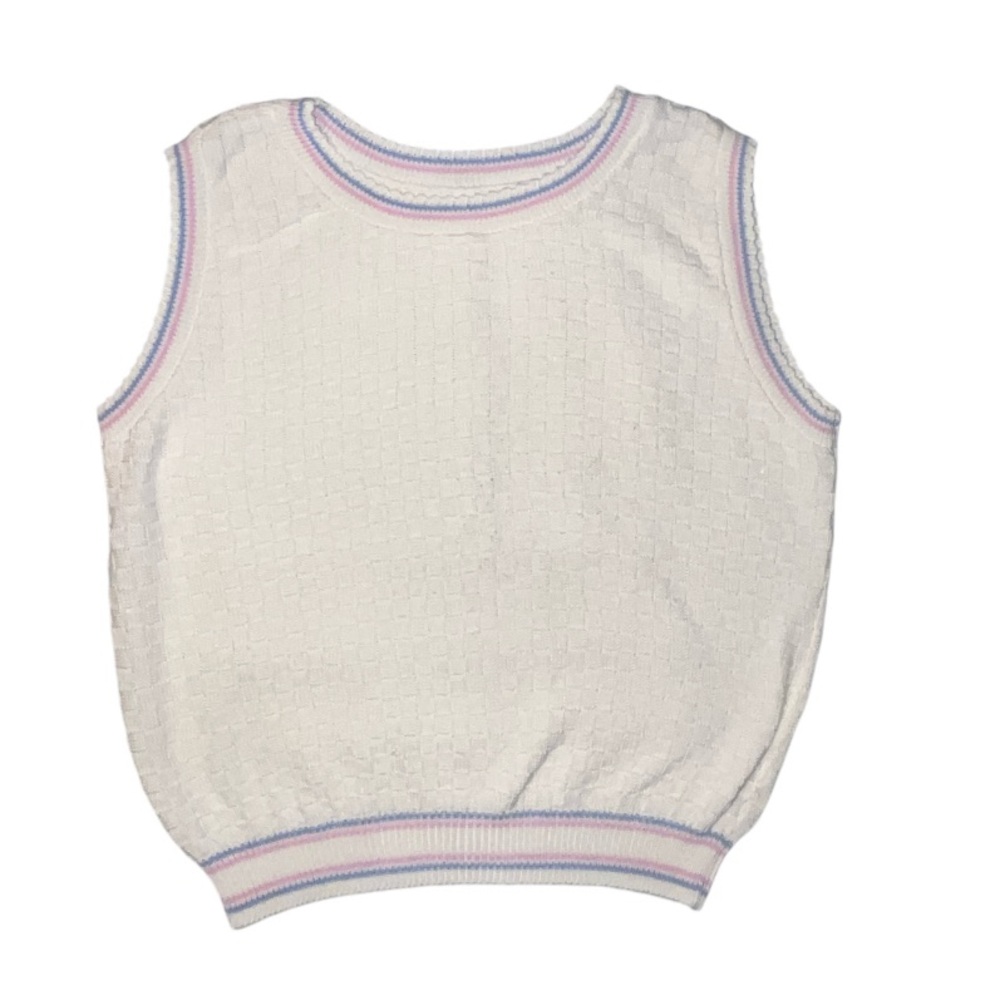 Vintage Knit Crewneck Sweater Vest White With Pink And Blue Striped Detail